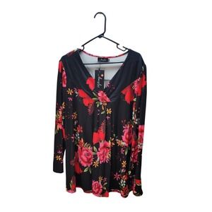 Amzplus Womens 3XL Floral V-Neck Long Sleeve Tunic Top Black Red Pink New